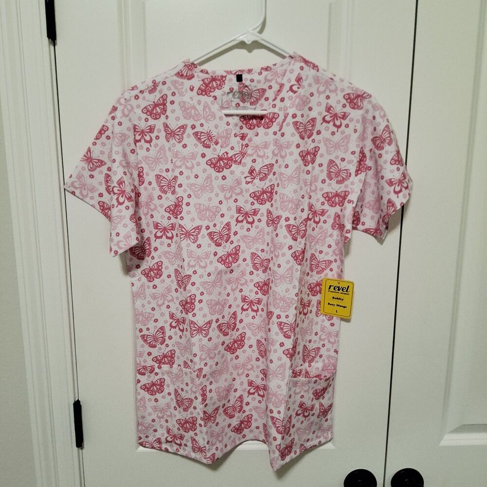 Revel Women's V-neck Scrub Top Size Large Rosy Wongs Pink Butterflies Bling NWT